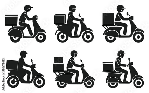 Shipping fast delivery man riding motorcycle icon, Scooter Silhouette Icon, symbol, Pictogram flat design for apps and websites, Track and trace processing status, Isolated on white background, Vector