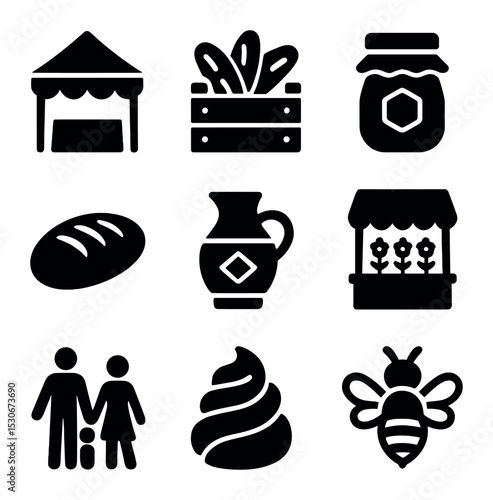 Farmers' Market Icons. Solid, filled icons set of farmers' markets and fairs: market tent, veggie bin, local