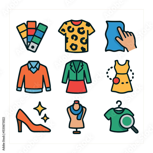Fashion Icon Grid. Solid, filled icons set of fashion discovery moments: color palette, bold print, fabric