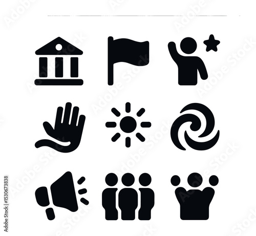 Civic Celebration Icons. Solid, filled icons set of civic and town celebrations: town hall, community flag,