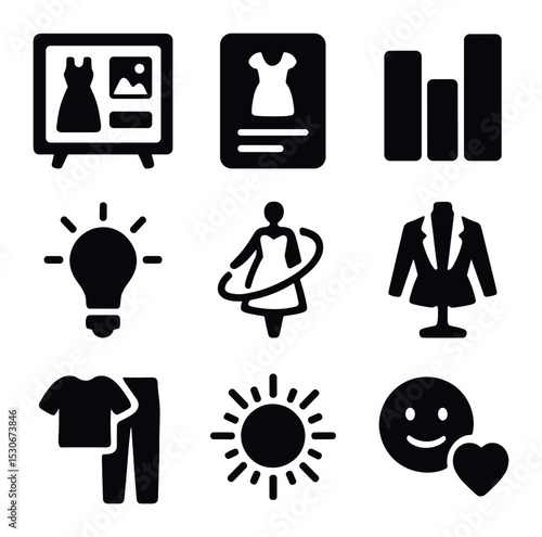 Stylish Icon Grid. Solid, filled icons set of outfit curation and inspiration: fashion board, style card,