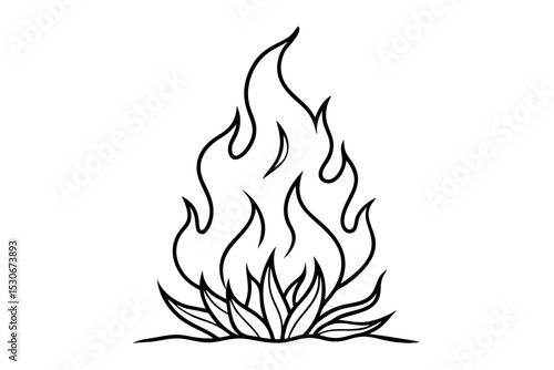 Continuous line drawing of a burning fire flame isolated on transparent background