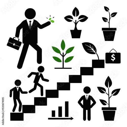 Businessman ascending stairs to success isolated on transparent background