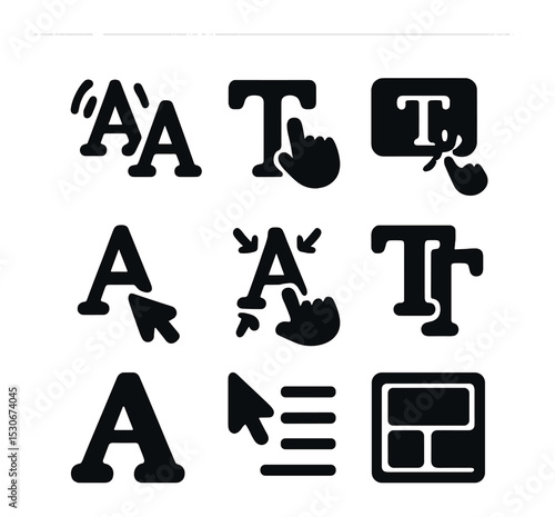 Interactive Typography Icons. Solid, filled icons set of interactive typography: animated letters, hover