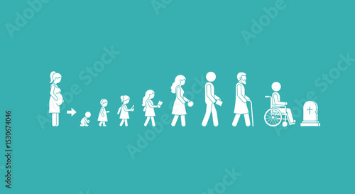 Human Life Cycle Depicted in Simple White Silhouettes, From Birth to Death