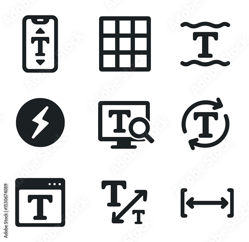 Responsive Typography Icons. Solid, filled icons set of responsive typography: mobile text scaling, grid