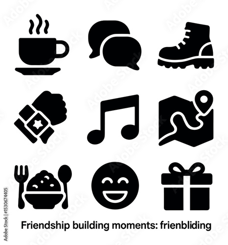 Friendship Icons Grid. Solid, filled icons set of friendship building moments: coffee cup, chat bubbles,