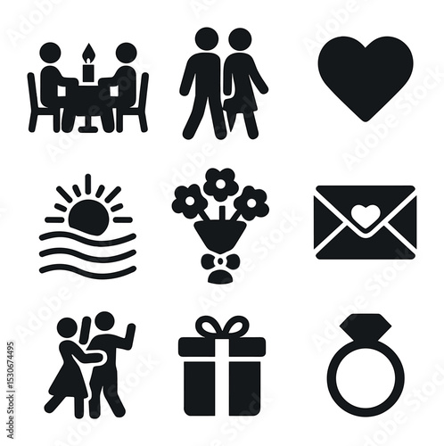 Romantic Icons Set. Solid, filled icons set of romantic shared experiences: candlelight dinner, couple walking