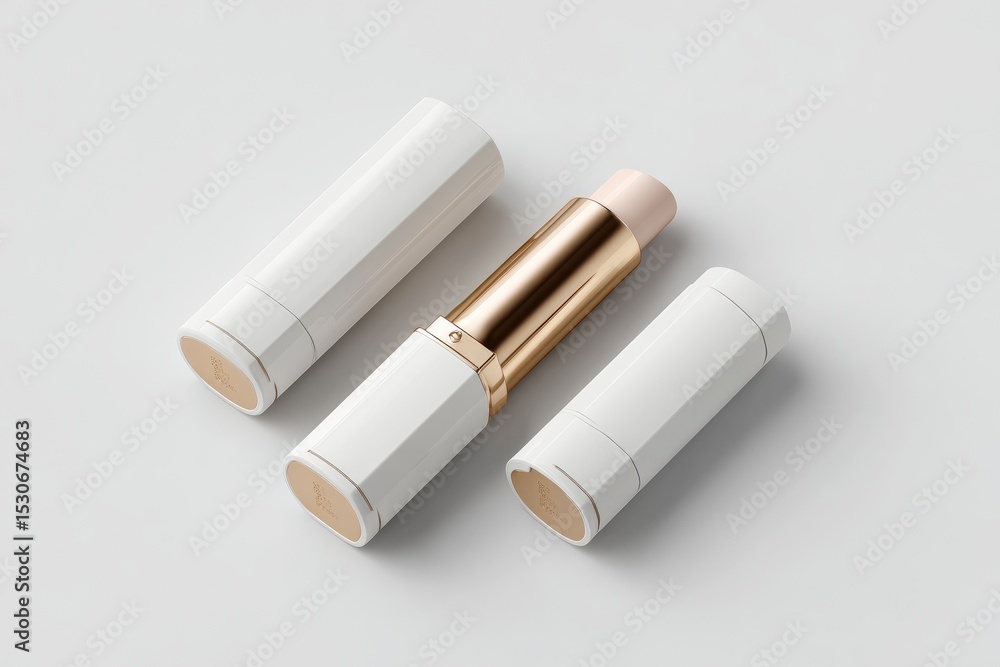 A white and gold cosmetic stick rests between two identical, empty cases on a light gray background; a minimalist product shot A white and gold cosmetic stick rests between two identical, empty cases on a light gray background; a minimalist product shot
