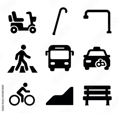 Mobility Aids Icons Grid. Solid, filled icons set of mobility aids and infrastructure: mobility scooter,