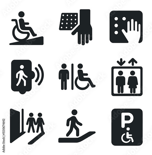 Accessibility Icon Grid. Solid, filled icons set of designing for accessibility in urban environments: