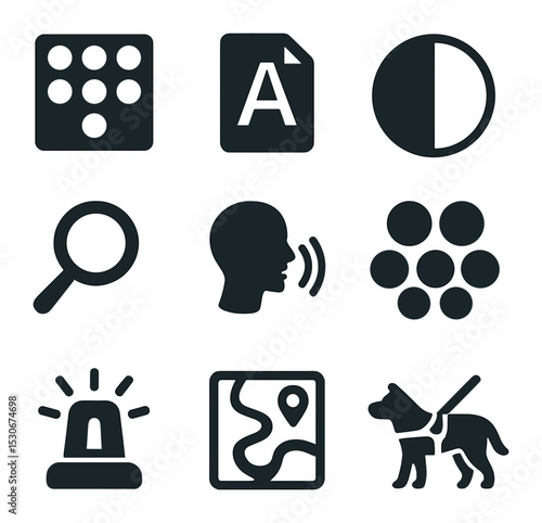 Visual Accessibility Icons. Solid, filled icons set of visual accessibility features: braille block, large