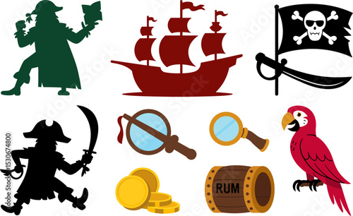 Pirate icons set vector illustration with ship parrot skull treasure chest and map for pirate party editable stock vector illustration