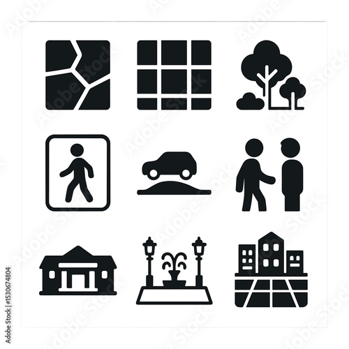 Urban Design Icons. Solid, filled icons set of urban planning and design elements: zoning map, urban grid,