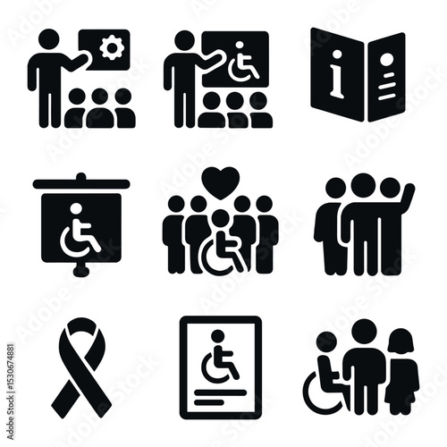 Accessibility Icon Set. Solid, filled icons set of education and awareness for accessibility: workshop,