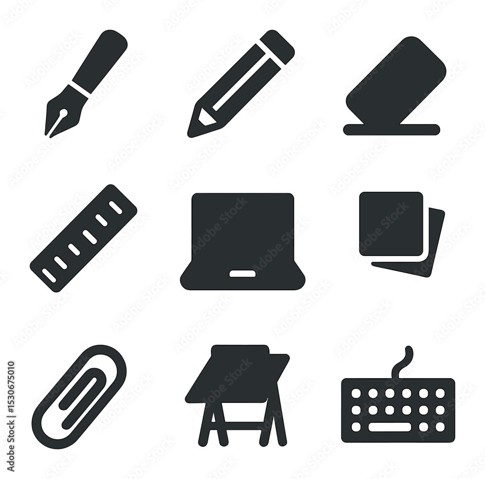 Obraz premium Writing Tools Icons Grid. Solid, filled icons set of writing tools and materials: fountain pen, pencil, eraser