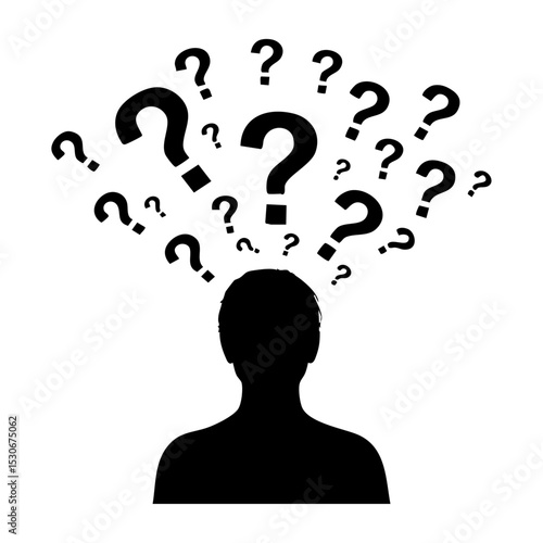 Vector art of a silhouette of a person overwhelmed by a swarm of question marks, isolated on white background