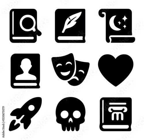 Literary Genre Icons. Solid, filled icons set of literary genres and themes: mystery novel, poetry book,