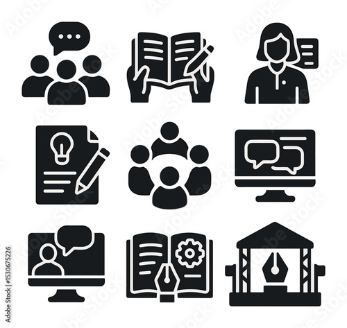 Writing Workshop Icons. Solid, filled icons set of writing workshops and communities: group discussion,
