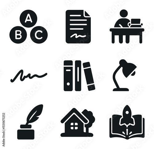 Literary Icon Set. Solid, filled icons set of famous writers and literary tools: typewriter keys, classic