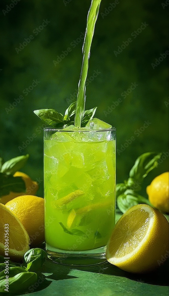 Fototapeta premium Emerald Citrus Elixir Refreshing Basil Lemonade Recipe Bursting with Summer Flavor and Delight