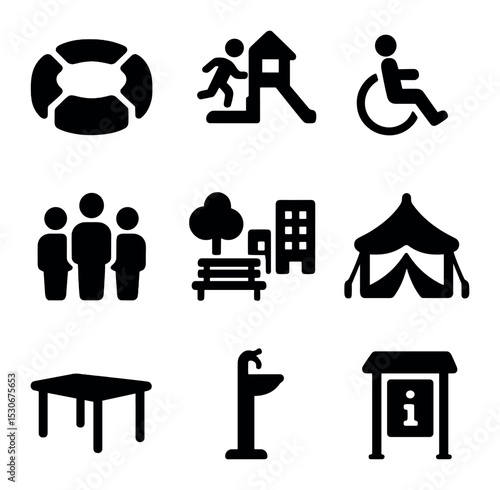 Inclusive Public Space Icons. Solid, filled icons set of inclusive public spaces: seating circle, kid’s zone,