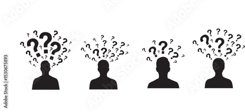 Vector art of four silhouettes are overwhelmed by a flurry of question marks, isolated on white background
