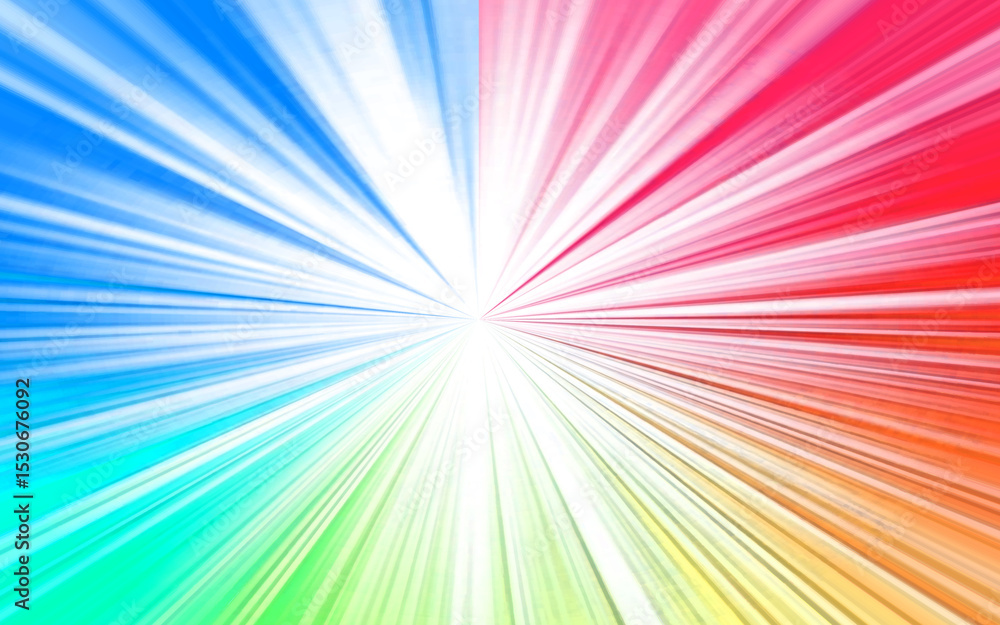 Obraz premium vibrant radial burst of colorful light emanating from the center, creating a dynamic starburst or explosion effect. The colors transition through the spectrum,pink, purple, blue, green, yellow