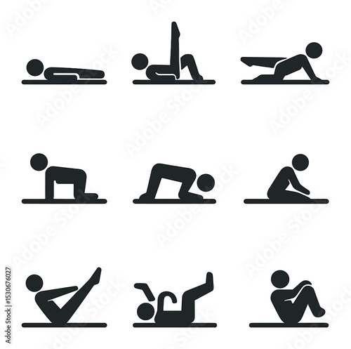 Mat Workout Icons. Solid, filled icons set of mat-based workouts: neutral spine position, supine leg lift,