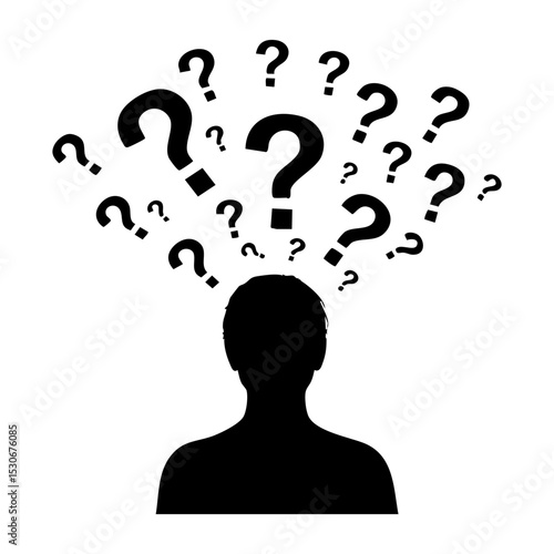 Vector art of a silhouette of a person overwhelmed by a swarm of question marks, isolated on white background