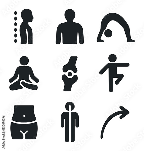 Body Posture Icons. Solid, filled icons set of body posture and flexibility: straight spine, shoulder