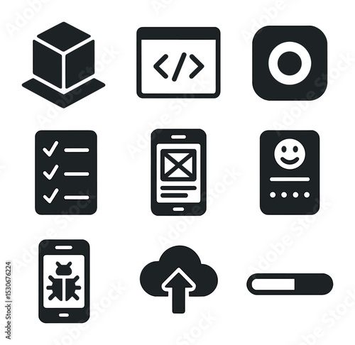 Product Development Icons. Solid, filled icons set of product development: prototype model, code window, app