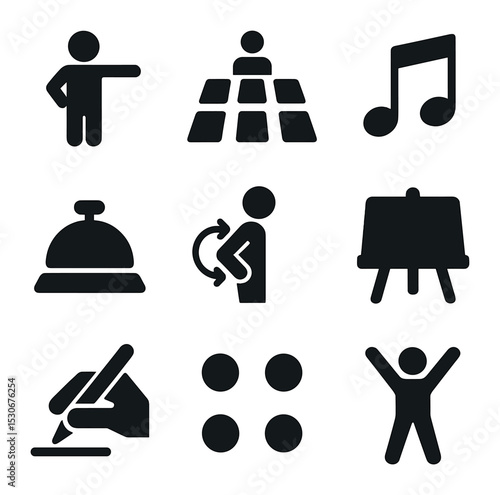 Group Fitness Icons. Solid, filled icons set of group fitness classes: instructor icon, group mat layout,