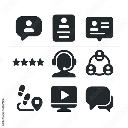 Early Customer Engagement Icons. Solid, filled icons set of early customer engagement: user feedback bubble,
