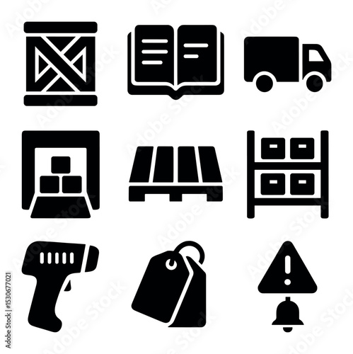 Logistics Icon Set. Solid, filled icons set of material logistics and inventory: supply crate, stock ledger,