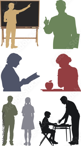 Stock school teacher education silhouette classroom learning teaching students knowledge studying classroooms editable stock vector illustration