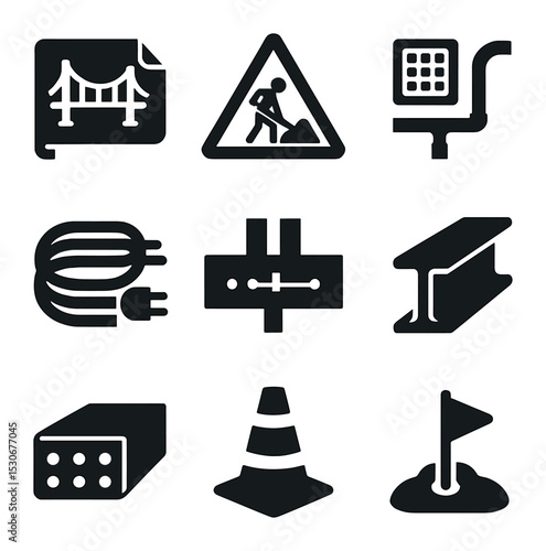 Infrastructure Icon Set. Solid, filled icons set of infrastructure development: bridge plan, roadwork sign,