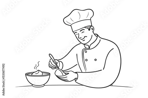 Continuous line drawing of a chef preparing food isolated on transparent background