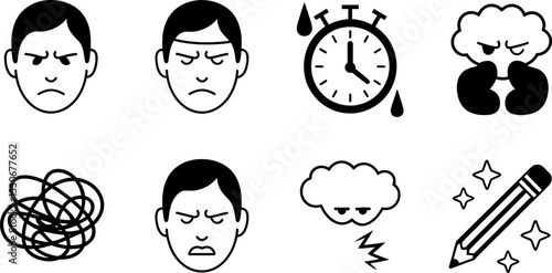 Stress anxiety management mental health icons vector illustration emotional wellness graphic design set editable stock vector illustration