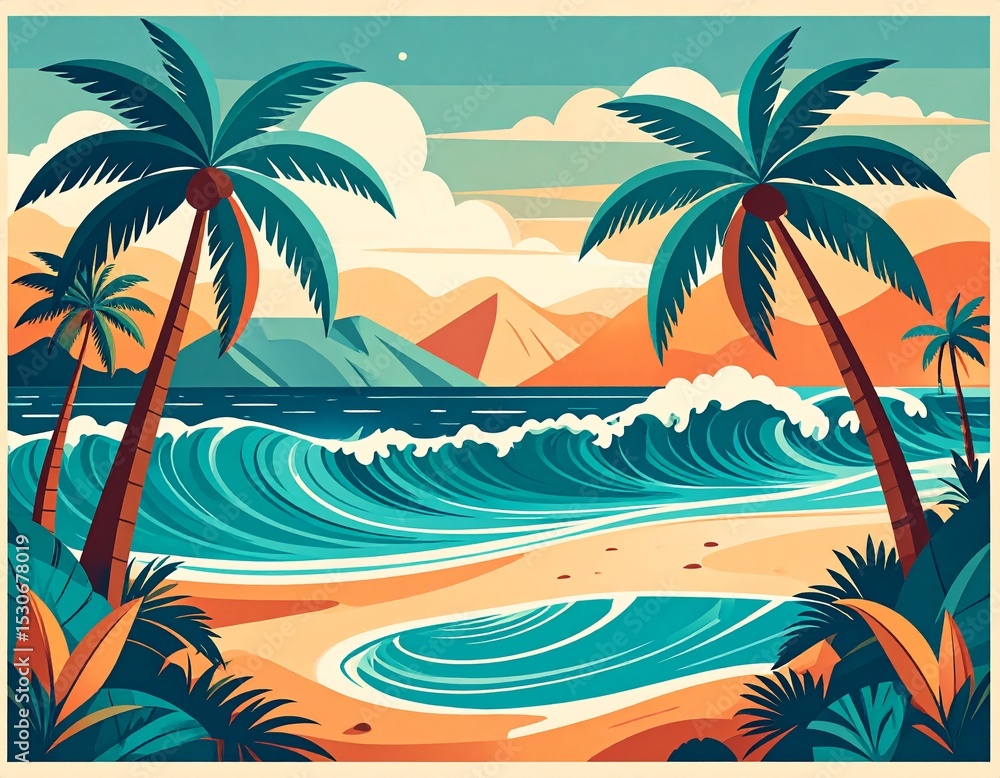 Obraz premium A vibrant tropical beach with turquoise waves and palm trees, evoking a sense of paradise and relaxation