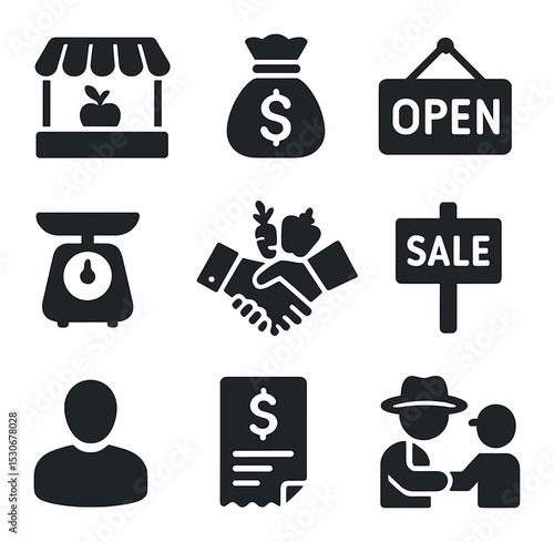 Countryside Commerce Icons. Solid, filled icons set of countryside commerce: roadside stand, cash bag, open
