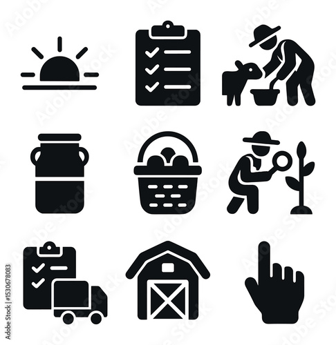 Farmer's Daily Task Icons. Solid, filled icons set of farmer’s daily tasks: sunrise icon, to-do list, feeding