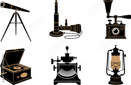 Vintage antique telescope microscope phonograph telephone typewriter lantern vector illustration set editable stock vector illustration