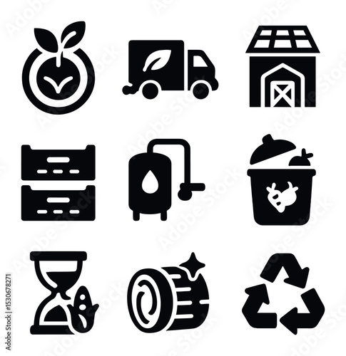 Sustainable Farming Icons. Solid, filled icons set of sustainable farming logistics: organic label,