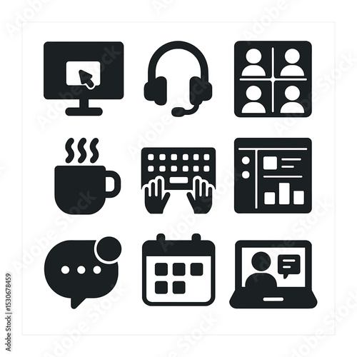 Remote Collaboration Icons. Solid, filled icons set of remote collaboration hubs: shared screen, headphones,