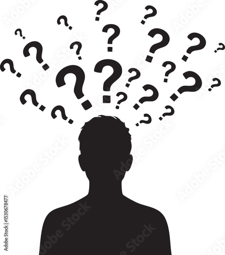 Vector art of a silhouette of a person overwhelmed by a flurry of question marks, isolated on white background