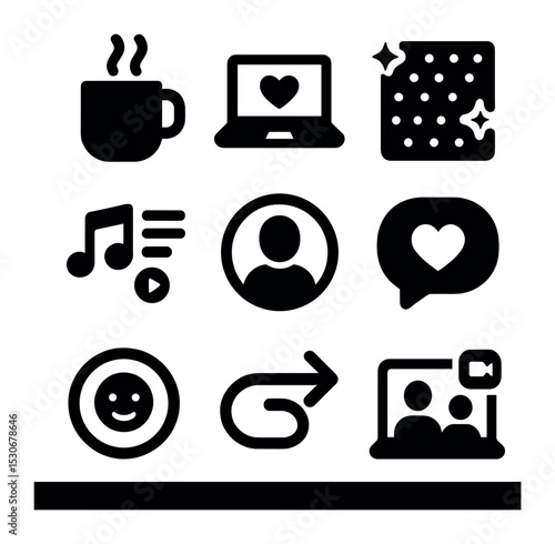 Casual Work Icon Set. Solid, filled icons set of casual online work meetups: coffee emoji, laptop sticker, fun