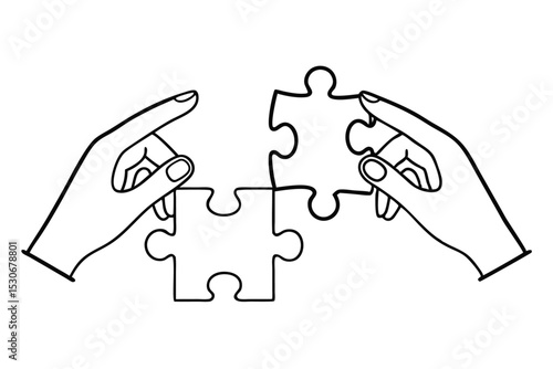 Continuous line drawing of hands joining puzzle pieces isolated on transparent background