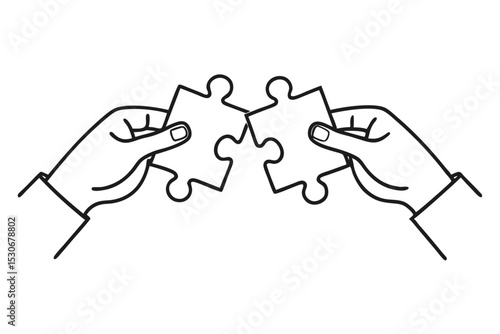 Continuous line drawing of hands joining puzzle pieces isolated on transparent background