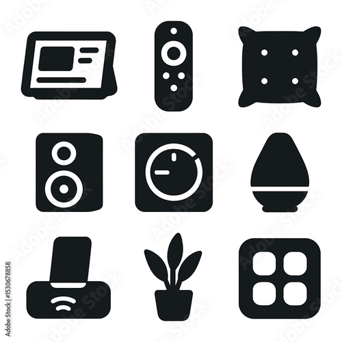 Digital Living Room Icons. Solid, filled icons set of digital living room hub: smart display, media remote,